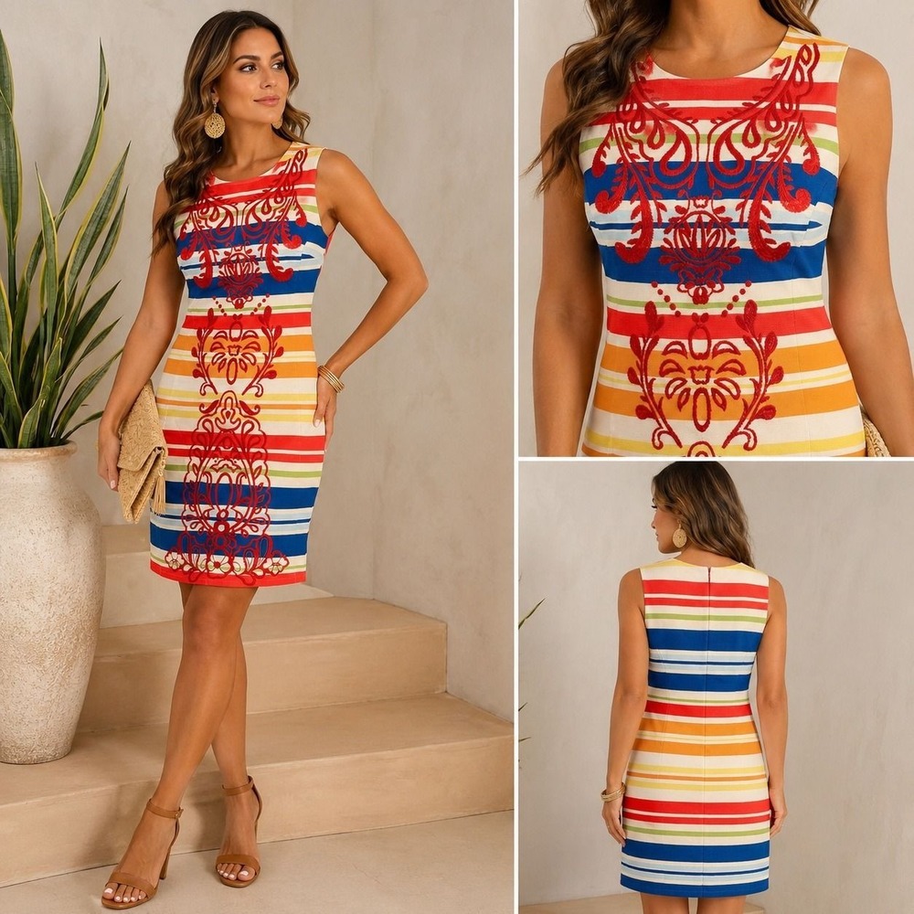 XS 63 Tabitha Colorful Embroidered Striped Sheath Dress |Boho Resort Art to Wear
